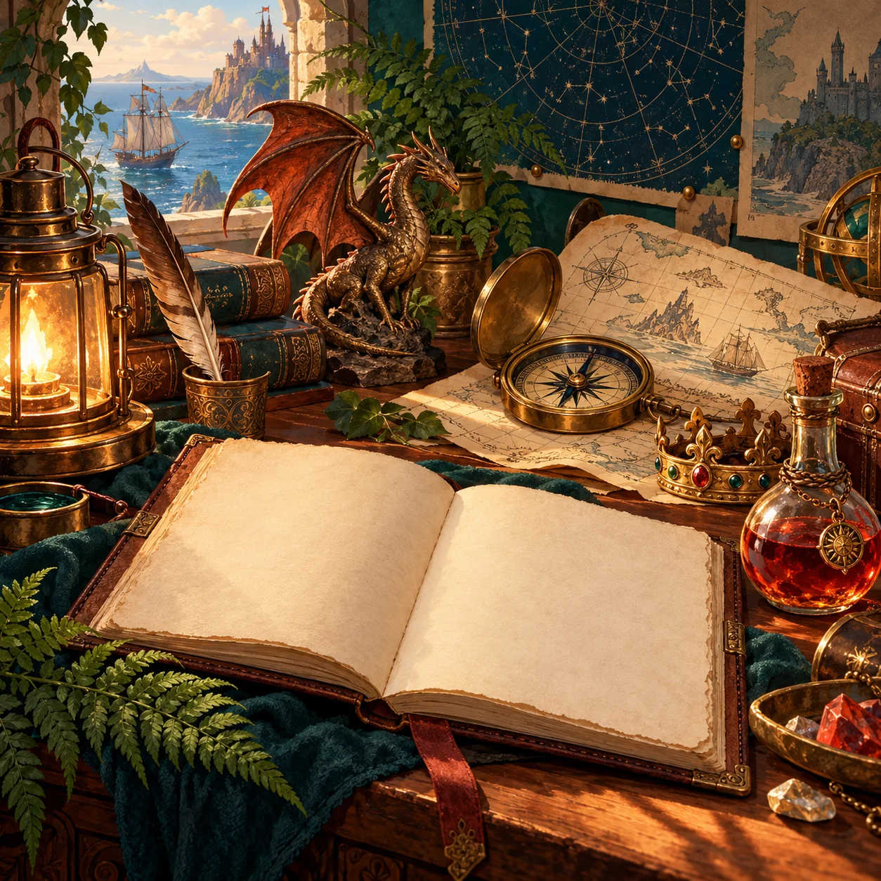 Mesa de criação com livro aberto, dragão, navio, bússola, coroa e poção